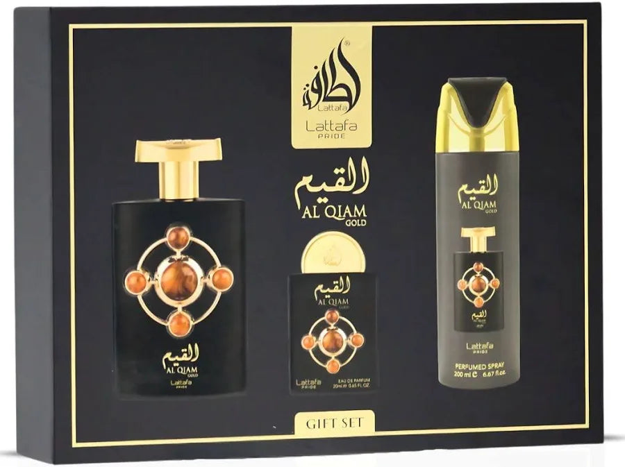 Lattafa Al Qiam Gold 3pc Gift Set with Travel Atomizer