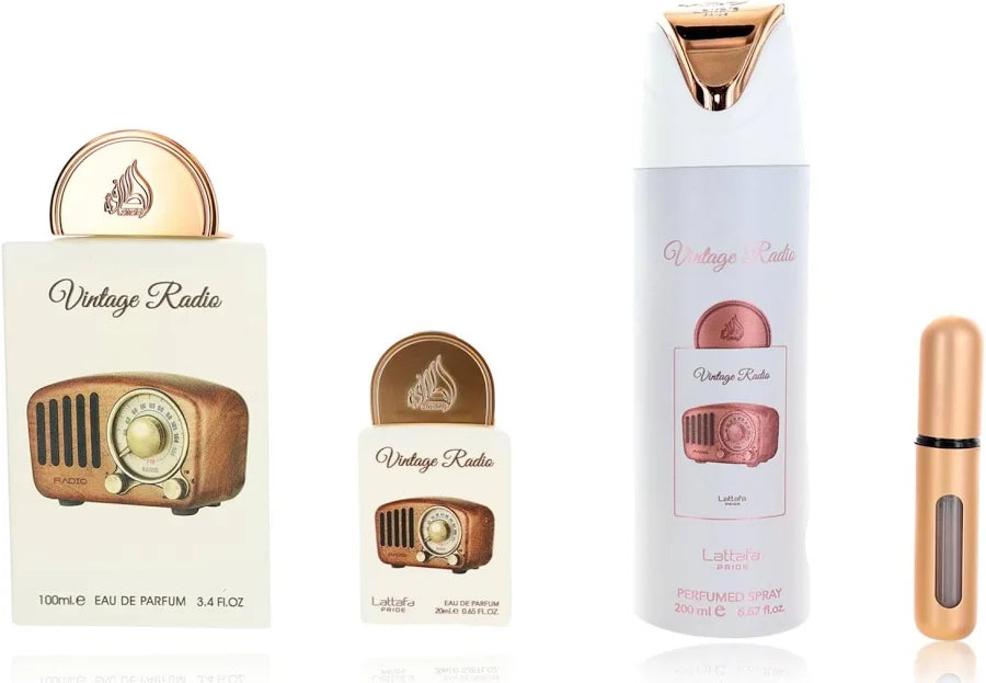 Lattafa Pride Vintage Radio 3pc Gift Set with Travel Atomizer