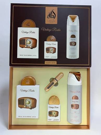 Lattafa Pride Vintage Radio 3pc Gift Set with Travel Atomizer